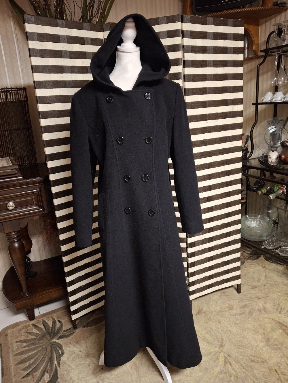Anne Klein Black Hooded Double-Breasted 100% Wool Long Coat Women Size 16 - Picture 3 of 16